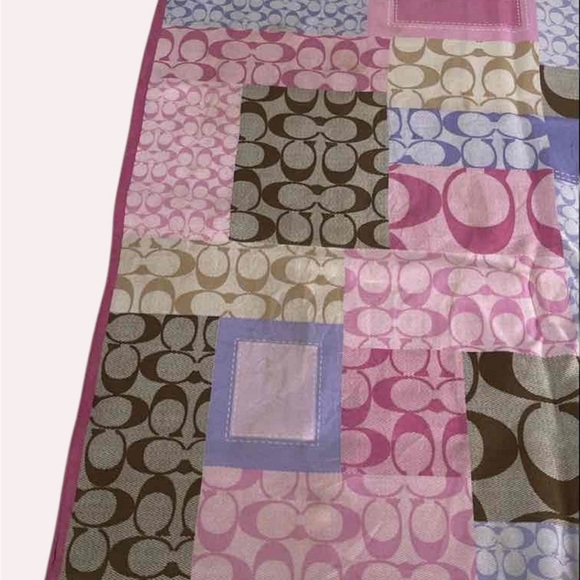 Coach Patchwork Signature Silk Scarf Pink Purple Brown Logo Square - Picture 3 of 6